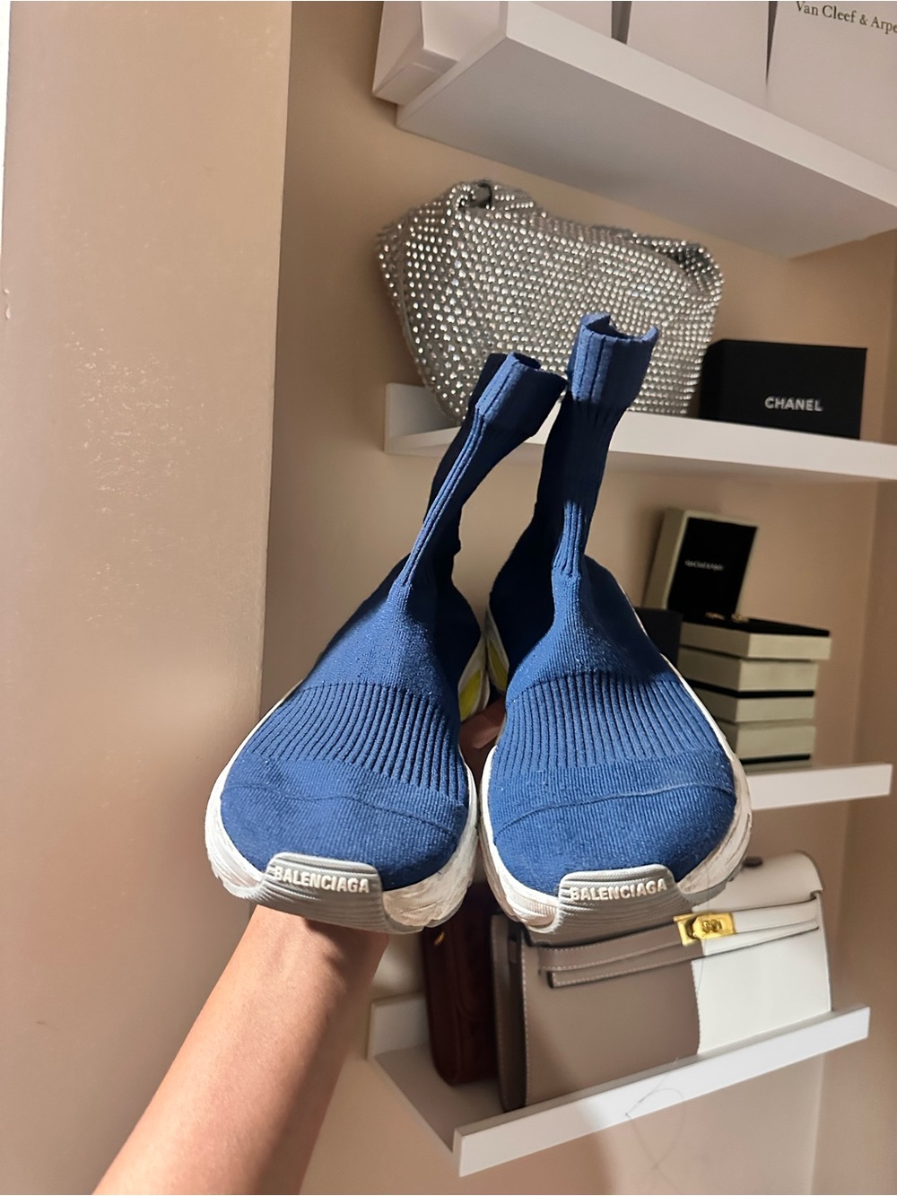 Balenciaga Blue Knit Speed Sock Sneakers with White Soles